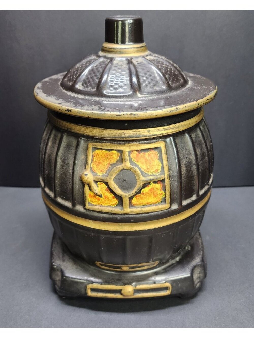 Vtg McCoy Style Pot Belly Stove Cookie Jar Pottery Black 10'' USA 1960's 0236